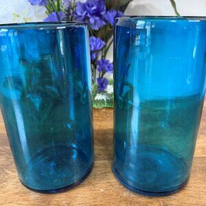 Hand‎ Blown Blue Tumblers Set Biot Style French Bubble Glass
